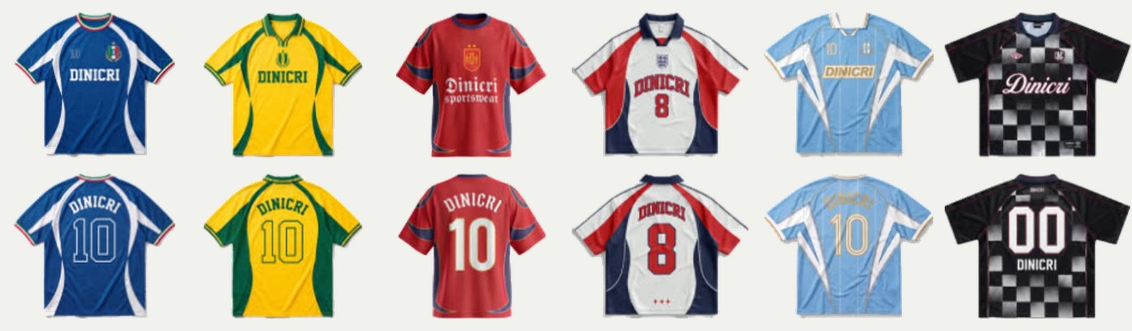 Il piano della collezione: le sei maglie Dinicri, fronte e retro, ordinate per nazionale.